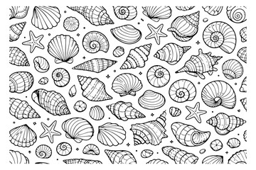 Hand drawn line art sea life set featuring various seashells and starfish for beach and summer designs