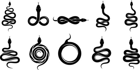 Obraz premium Snake silhouette illustration set showing various coiled serpent poses symbols and shapes isolated on white background danger mythology nature concept
