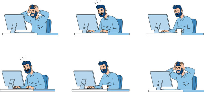 Flat style office worker man using desktop computer with different emotions including stress, happiness, and concentration vector illustration
