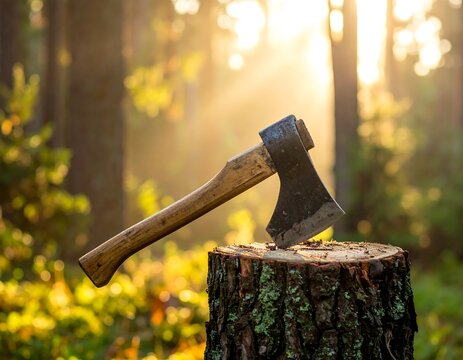 An axe is embedded in a tree stump, with the bright morning sun filtering through the forest, creating a warm glow