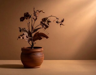 Dried plant in a ceramic pot, side-lit on a neutral background, evoking a sense of decay