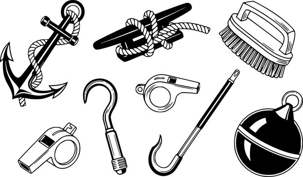 Nautical equipment collection: anchor, cleat, brush, whistle, boat hook, and buoy
