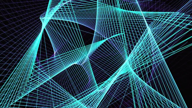 Seamless loop of a rotating neon star tetrahedron (Merkaba) with ghost trails. Procedural 3D wireframe animation featuring sacred geometry tumbling on multiple axes. Abstract technology background.