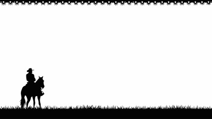 Cowboy riding horse in western landscape with decorative border
