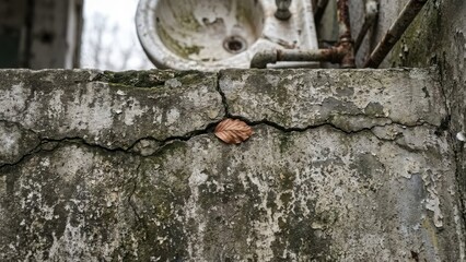 Motivation and Success: Fragile Leaf Surviving in Urban Concrete Landscape with cloud, background, glow, concrete, business, cracked, fragrance