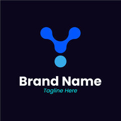 Modern Y letter monogram logo featuring molecular connection points. Creative initial for biotech, software, and tech startup identity. Sleek blue gradient design for digital communication
