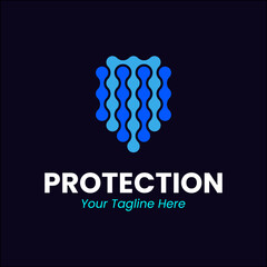 Abstract shield logo made of interconnected nodes. Strong symbol for cyber security, data protection, network safety, and antivirus software. Modern blue technology graphic for brand security.