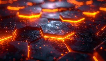 Close-up of hexagonal tiles with glowing orange edges. The dark, textured surfaces shimmer with flecks of light, suggesting energy
