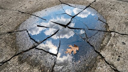 Motivation and Success: Fragile Leaf Surviving in Urban Concrete Landscape with background, cracked, concrete, cloud, business, fragrance, glow