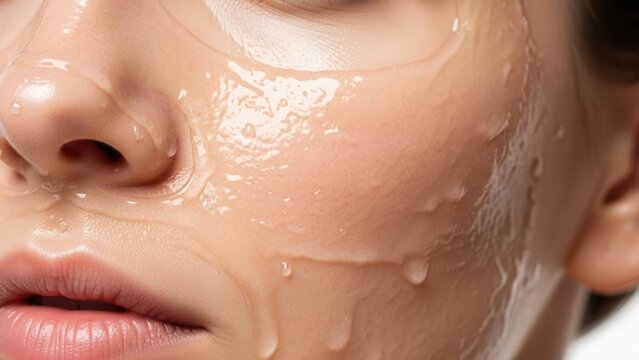 A close-up view of a woman's face with a hydrating gel mask applied, showing her dewy skin and relaxed expression in a beauty-focused setting