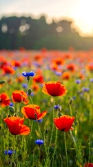 Obraz premium A serene field of vibrant red poppies and blue flowers