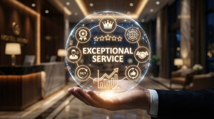Exceptional customer service concept in a luxury hotel,showcasing icons for client satisfaction,quality assurance,24/7 support,trust and loyalty in hospitality industry