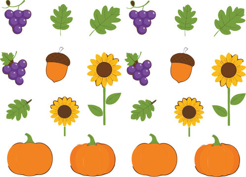 Autumn harvest elements set with pumpkins grapes sunflowers acorns and leaves, cute flat fall season illustration