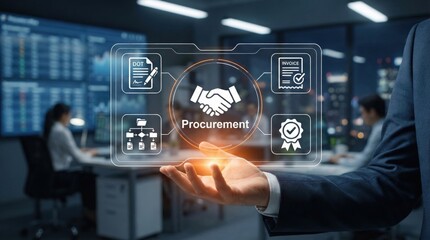 Procurement business concept with virtual icons and businessman in modern office,strategic sourcing and contract management visualization