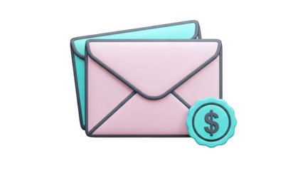 3D Icon of Pink and Teal Envelopes with Dollar Seal