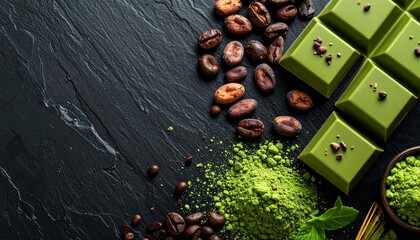 黒背景の抹茶チョコレートとカカオ豆のフレーム　抹茶パウダーがかかった高級スイーツイメージ