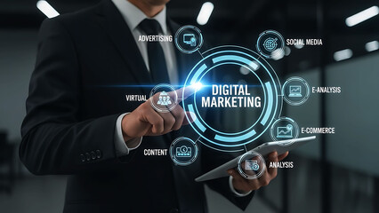 Digital Marketing Professional Using Tablet Interface for Business Strategy