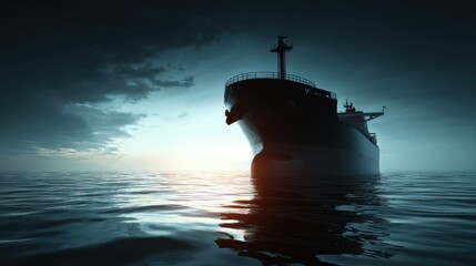 Fototapeta premium Massive cargo ship sailing across a dark, reflective ocean under a dramatic, cloudy twilight sky