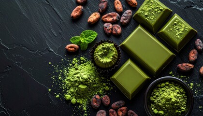 黒背景の抹茶チョコレートとカカオ豆 抹茶パウダーがかかった高級スイーツイメージ