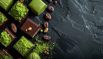 黒背景の抹茶チョコレートとカカオ豆のフレーム　抹茶パウダーがかかった高級スイーツイメージ