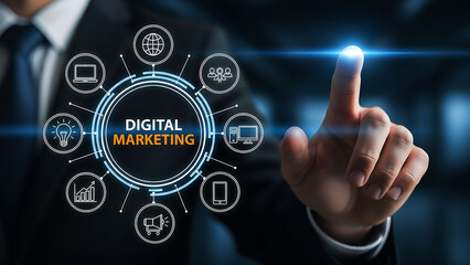 Business Man Touching Digital Marketing Interface with Tech Icons Set