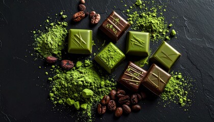黒背景の抹茶チョコレートとカカオ豆 抹茶パウダーがかかった高級スイーツイメージ