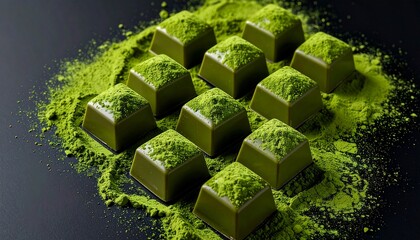黒背景の抹茶チョコレート 抹茶パウダーがかかった高級スイーツイメージ