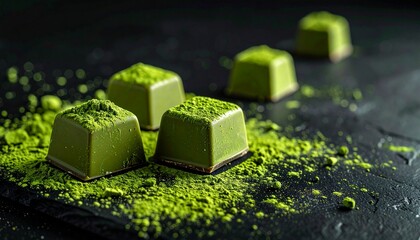 黒背景の抹茶チョコレート 抹茶パウダーがかかった高級スイーツイメージ
