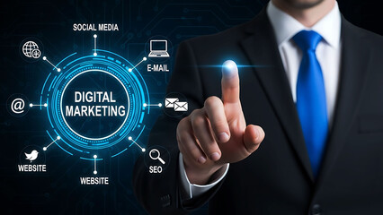Digital Marketing Strategy Concept with Businessman Touching Interface