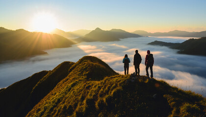 Sunrise Ridge Ascent. Hiking Up a Grassy Mountain. Wide shot of a group of three young hikers reaching a grassy mountain ridge at sunrise, and the surrounding valleys are filled with soft fog.
