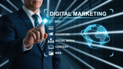 Businessman Touching Digital Marketing Interface with SEO and Web Icons