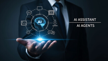 Business Man Holding AI Assistant and Intelligent Digital Agent Network