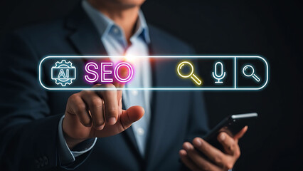Man Interacting with AI Search Engine Interface for SEO Optimization