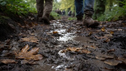 Obraz premium Low angle view of two hikers legs walking on a wet muddy forest path strewn with fallen autumn leaves and puddles