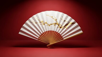Elegant Japanese Hand Fan with Golden Plum Blossoms on a Vivid Red Studio Background
