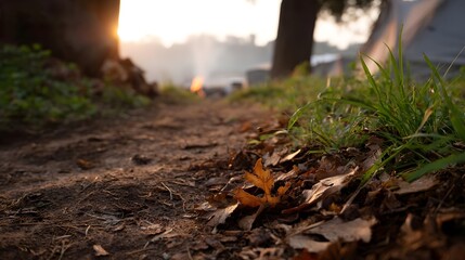 Obraz premium A dirt path covered in autumn leaves leads towards a serene campsite with a gentle sunset glow and faint smoke in the distance