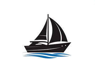 Fototapeta premium Black sailboat illustration with blue waves on a white background
