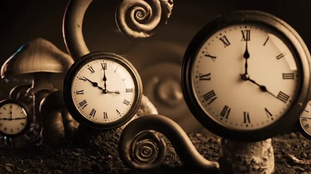 Surrealistic scene of antique clocks and swirling metalwork on a dark surface viewed from a low angle