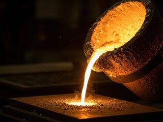 Molten metal pouring from crucible onto a flat surface in a foundry or industrial setting with sparks flying everywhere around