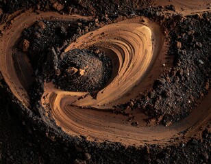 Earthy swirl of mud and soil creates abstract textures. High-angle shot of a brown vortex