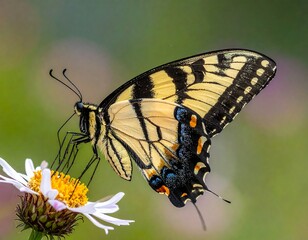 Eastern tiger swallowtail butterfly perched on a white and yellow flower, feeding