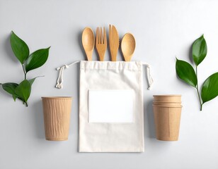 Eco-friendly dining set with bamboo cutlery, cups, and green sprigs on a neutral background