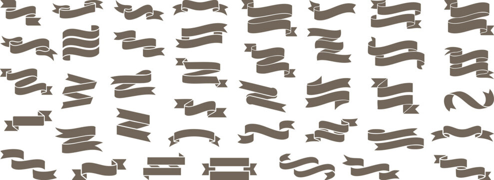 Set of detailed ribbon  clipart, classic flowing banner-style ribbons with elegant curves, Vintage blank ribbons banner set against a white background.