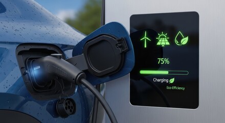 Close up view of electric vehicle being recharged at a green energy station showing seventy five percent completion