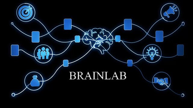BRAINLAB system concept with glowing blue lines connecting icons around a human head and brain on a dark background 4k vide