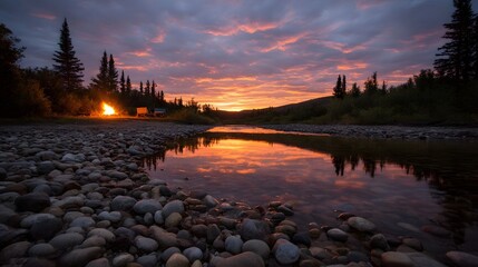 Fototapeta premium Serene campsite nestled by a river at twilight with a glowing campfire and vibrant sunset clouds reflected in the calm water