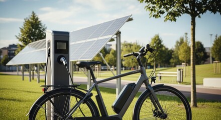 Fototapeta premium Modern electric bicycle connects to a charging station powered by adjacent photovoltaic panels outdoors.