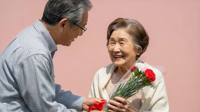 母の日に夫からカーネーションの花束を贈られ、照れながらも満面の笑みを浮かべるシニアの妻と見守る夫