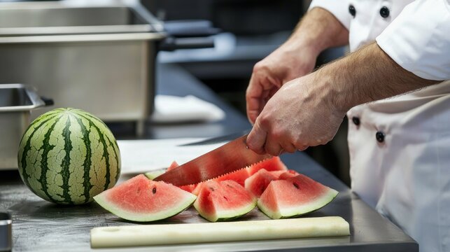 A chef slicing a watermelon on a stainless steel counter. - Powered by Adobe