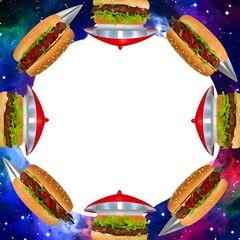 Edible spacecraft circle a cosmic background, featuring burgers and hot dogs in a frame